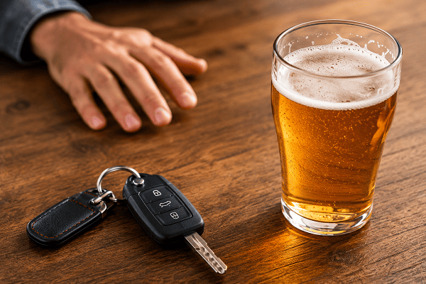 Autoschlüssel neben einem Glas Bier – Promillegrenze beim Autofahren