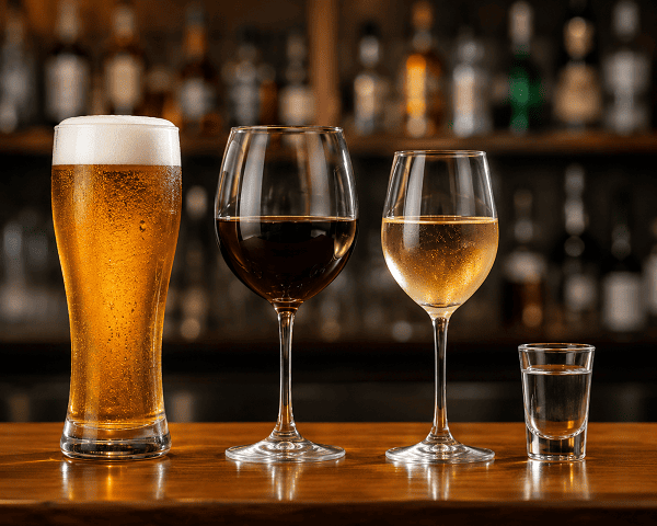 Bier, Rotwein und Weißwein auf einem Holztisch als Beispiel für Promille pro Getränk